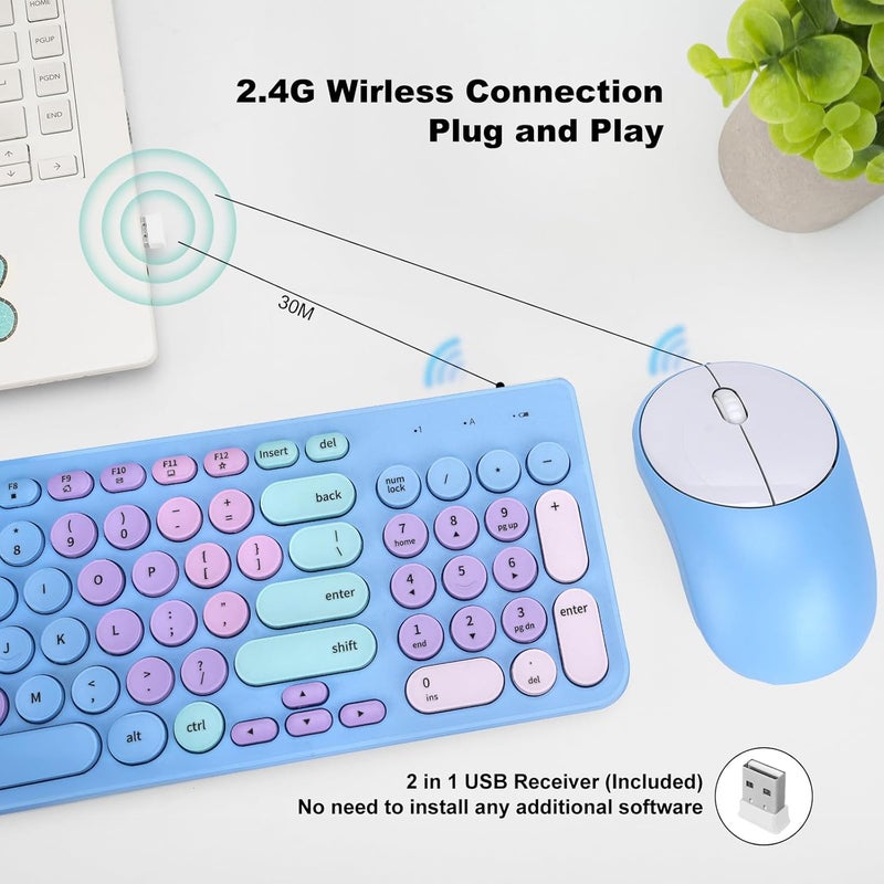 GUKJOB Wireless Keyboard and Mouse Combo, Retro Typewriter Keyboard with Round Keycaps, 2.4GHz USB Cute Wireless Keyboard Mouse for Computer, Desktop, Laptop and Computer (Rainbow Blue) - Image 2